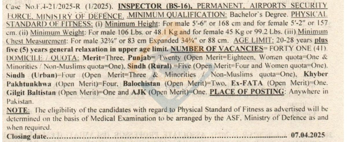 FPSC ASF Inspector Jobs Advertisement 2025